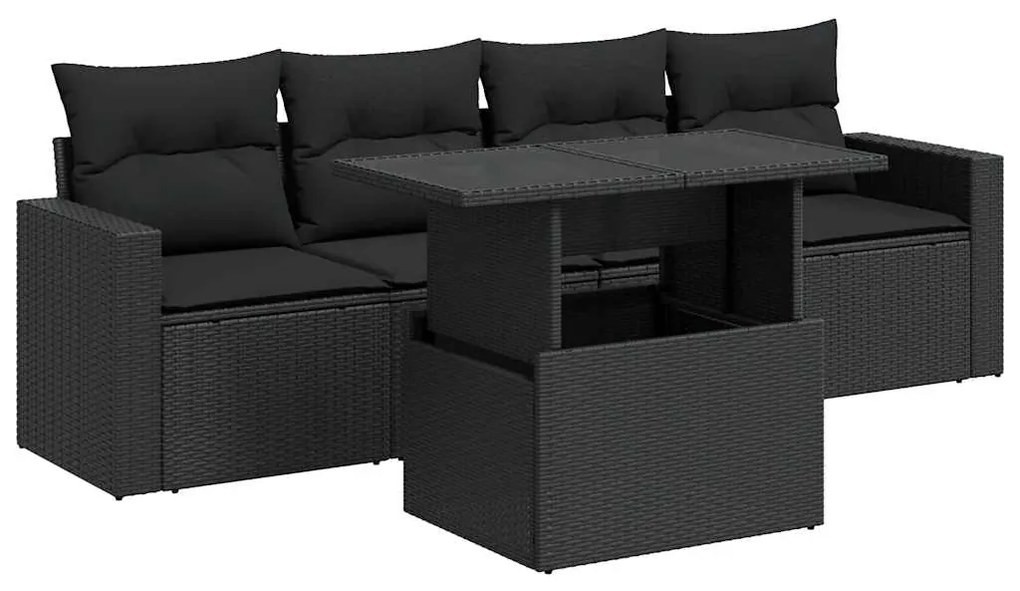 3326236 vidaXL Градински комплект с възглавници, 5 части, черен полиратан