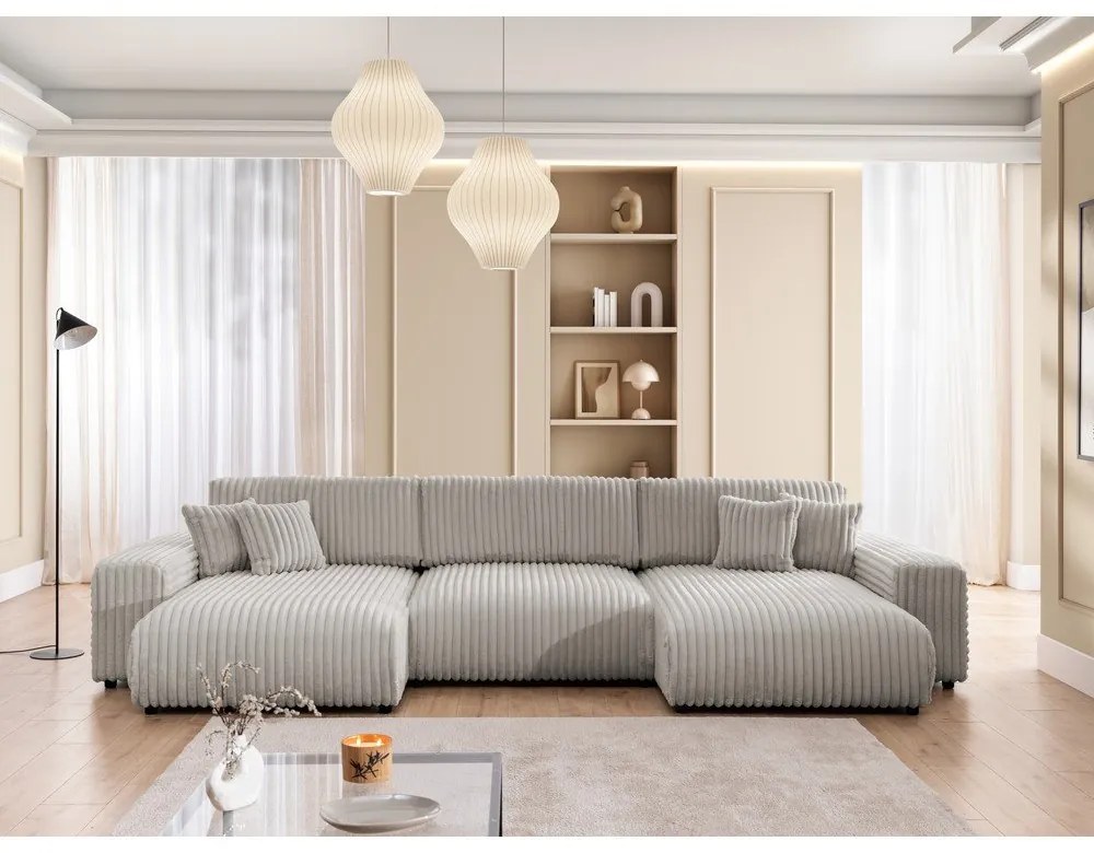 Светлосив сгъваем/с място за съхранение ъглов диван от рипсено кадифе (U форма) Sarina – Ropez