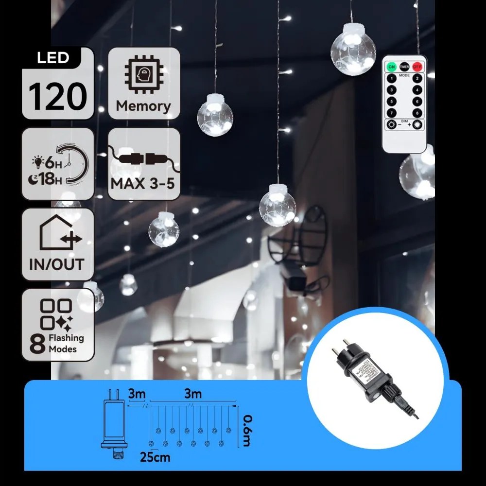 Aigostar - LED външна коледна гирлянда 120xLED/6W/230V/8 функции 3x0,6m IP44 студено бяла+ДУ