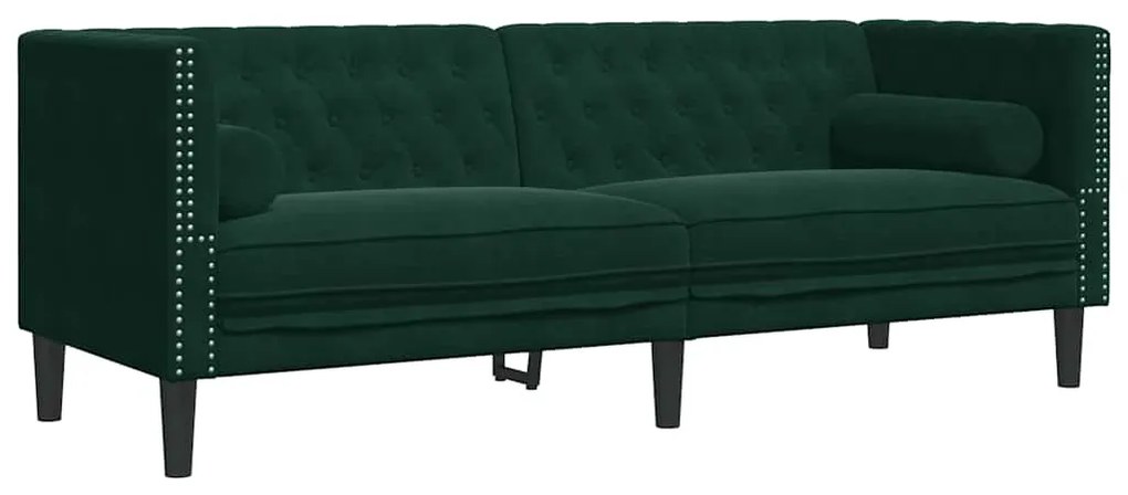 372695 vidaXL Честърфийлд диван с болстери, 3-местен, тъмнозелен, кадифе