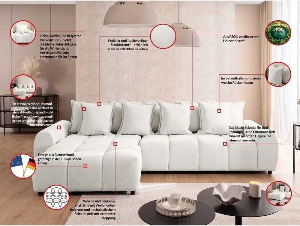 Бял ъглов диван (ляв ъгъл) Albane – Ropez