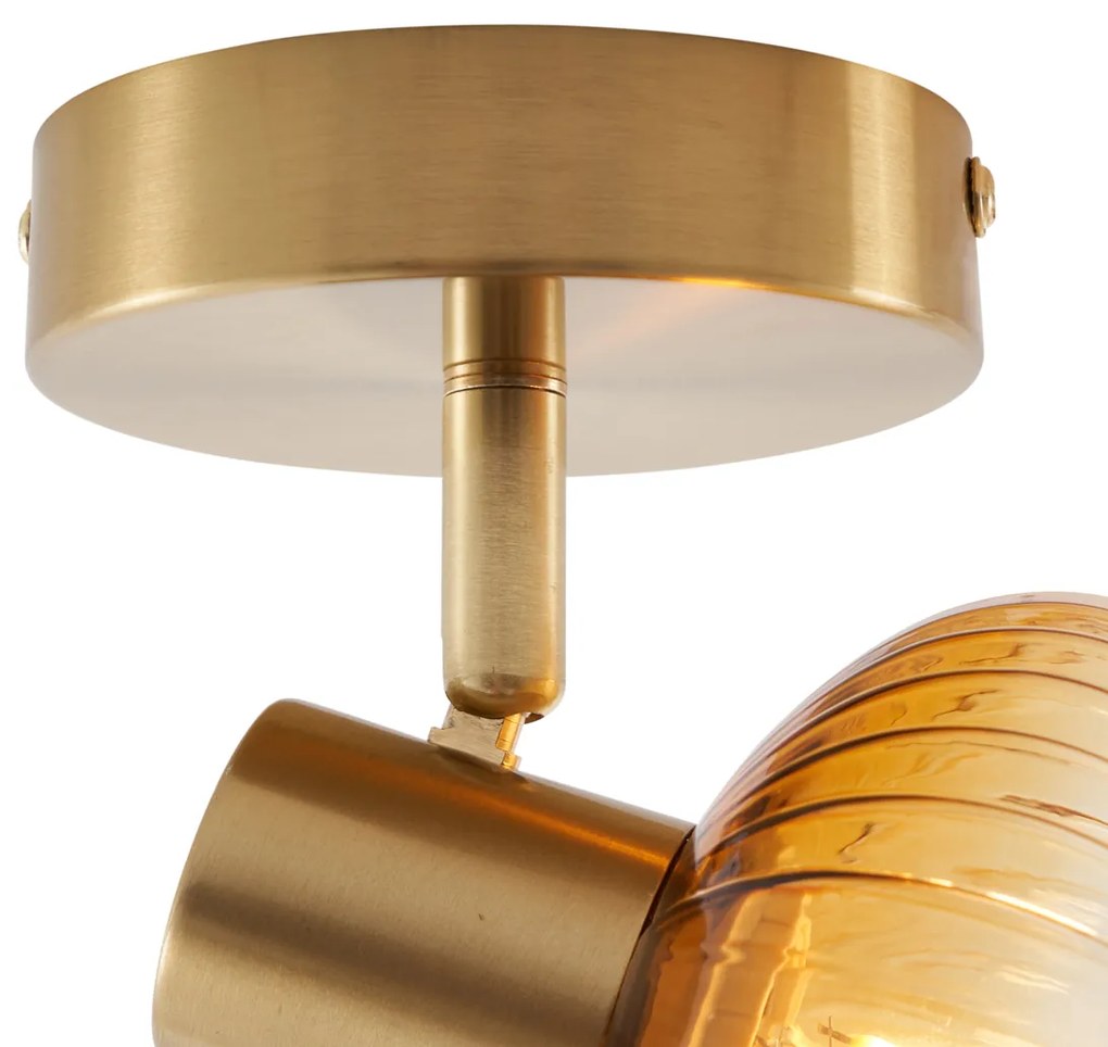 Модерен таванен прожектор златен с кръгло кехлибарено стъкло - Теди