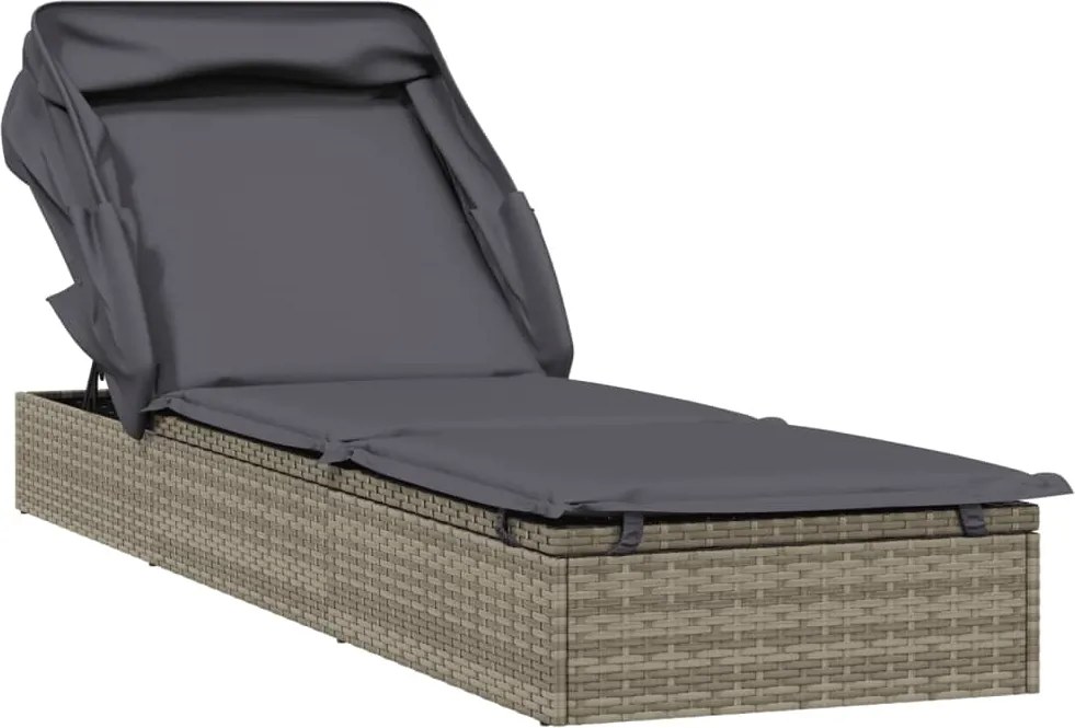 319639 vidaXL Шезлонг със сгъваем покрив, сив, 213x63x97 см, полиратан