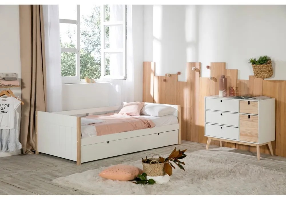 Детско легло от борова дървесина с допълнително разтегателно легло в бял и естествен цвят 90x190 cm Kiara - Marckeric