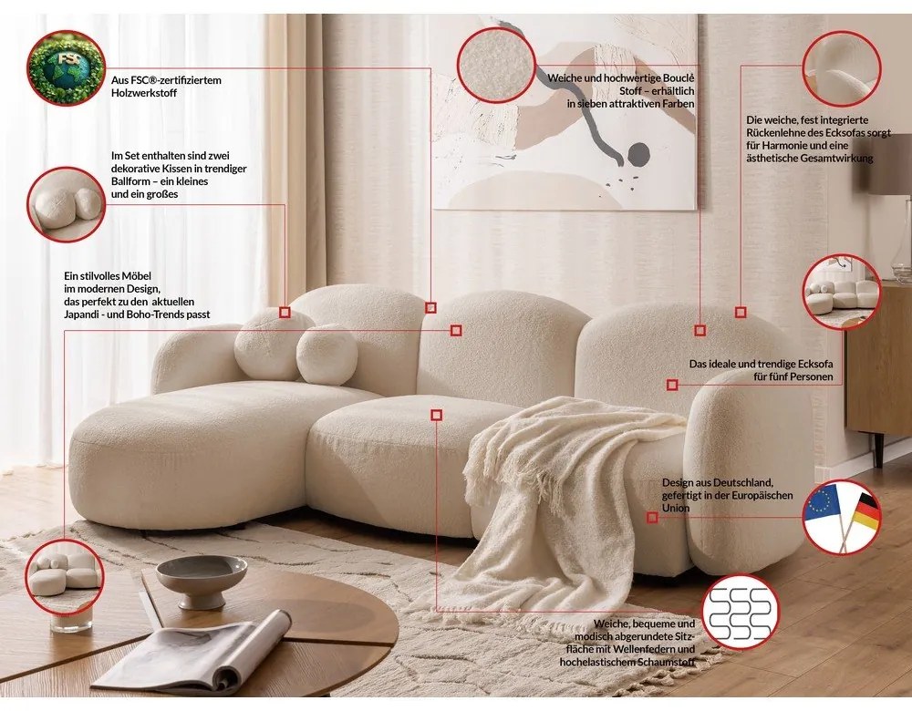 Светлокафяв ъглов диван от прежда с примки от букле (ляв ъгъл) Orbit – Ropez