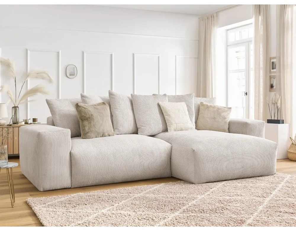 Кремав сгъваем/с място за съхранение ъглов диван от рипсено кадифе Voltaire – Bobochic Paris