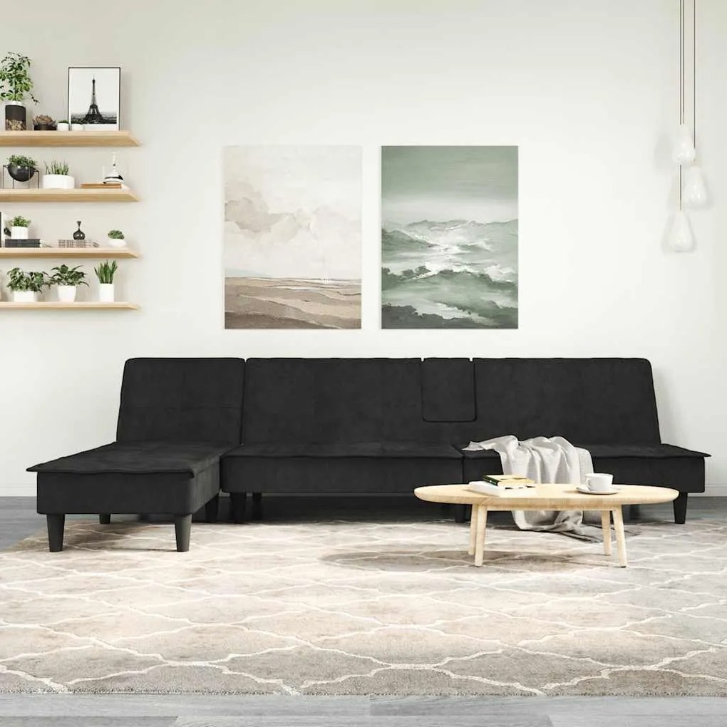 3157263 vidaXL Г-образно разтегателно канапе черно 255x140x70 см кадифе