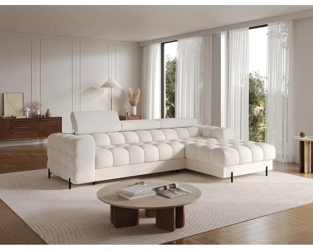 Кремав разтегателен ъглов диван с място за съхранение от букле (десен ъгъл) Felro – ELTAP