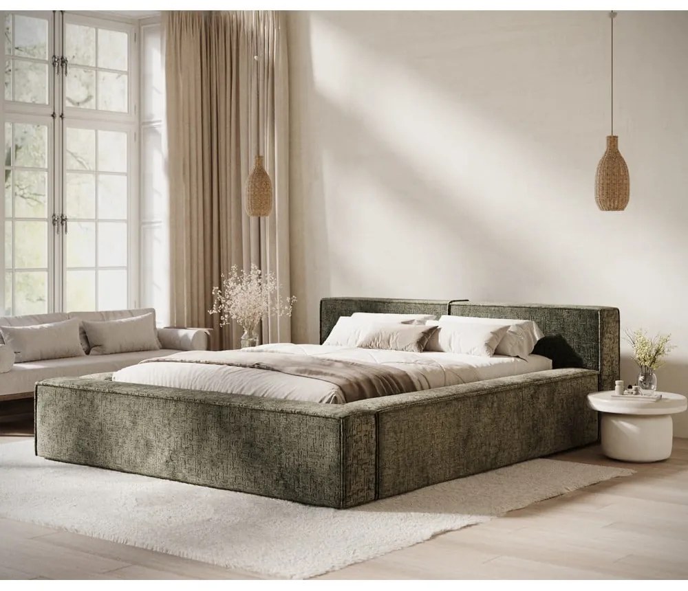 Тъмнозелено двойно легло 200x200 cm тапицирано с място за съхранение с включена подматрачна рамка Voliera – Maison de Rêve