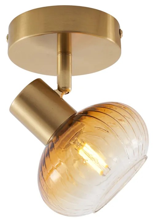 Модерен таванен прожектор златен с кръгло кехлибарено стъкло - Теди