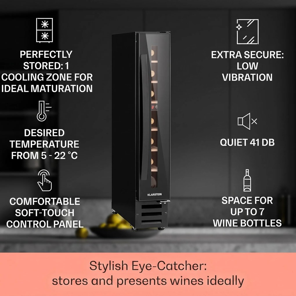 Klarstein Vinovilla 7, built-in, Uno Onyx, вграден охладител за вино, черно стъкло, неръждаема стомана