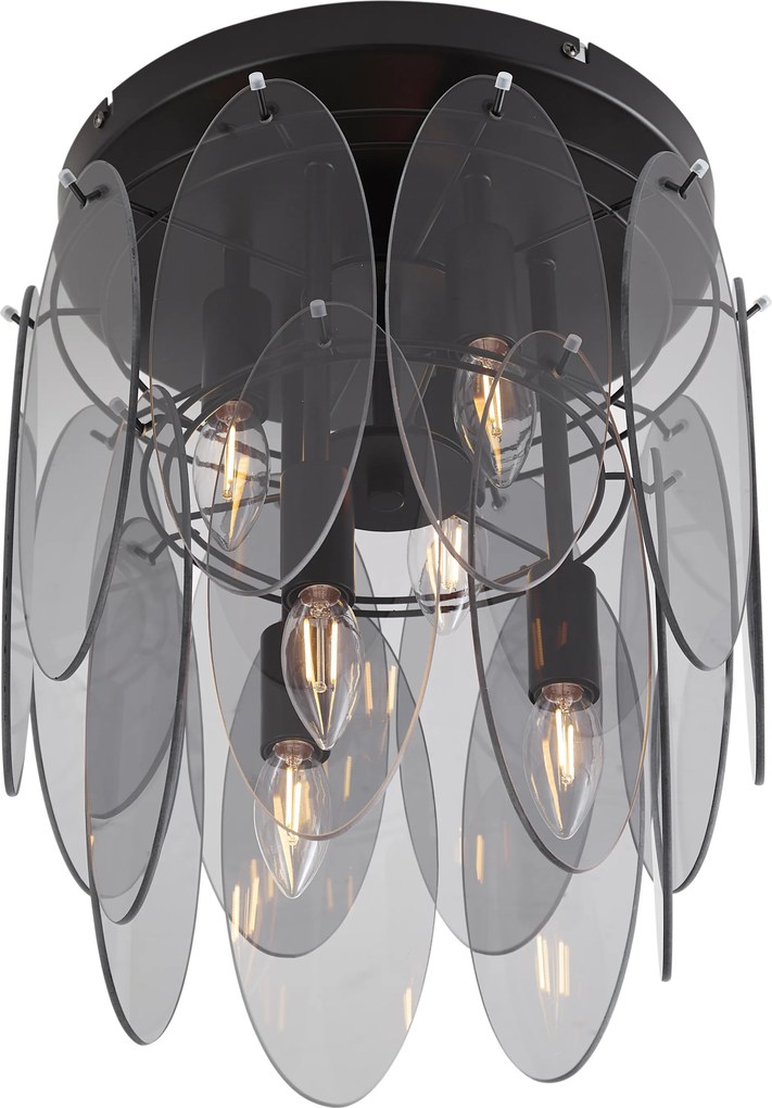 Art Deco plafondlamp zwart met smoke glas ovaal 6-lichts - Mochan