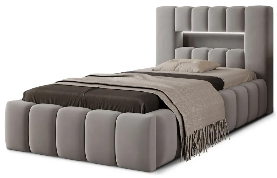 Сиво единично легло 90x200 cm тапицирано с място за съхранение с включена подматрачна рамка Lamica – ELTAP