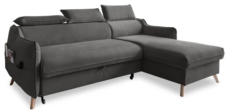 Тъмносив ъглов разтегателен диван от кадифе (десен ъгъл) Sweet Harmony - Miuform