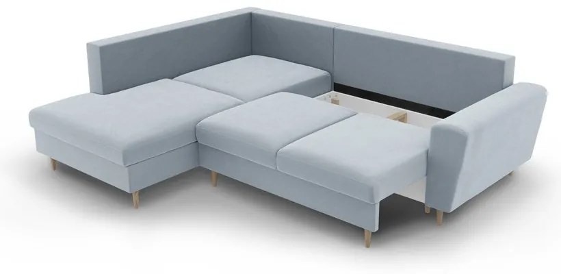 Светлосин кадифен разтегателен ъглов диван с място за съхранение (ляв ъгъл/L форма) Kyoto – Cosmopolitan Design
