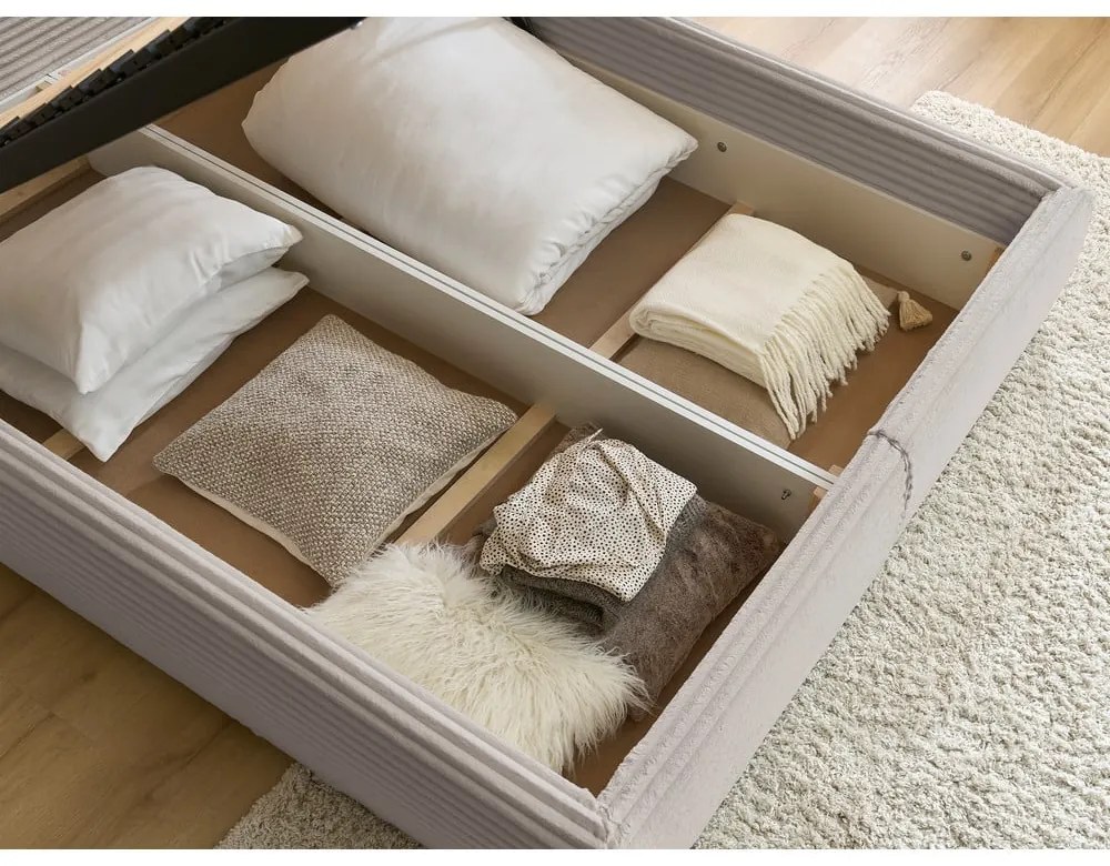 Бежово двойно тапицирано легло с място за съхранение с включена подматрачна рамка 180x200 cm Jade – Bobochic Paris