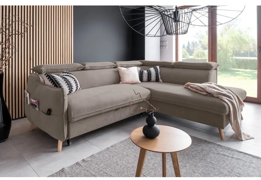 Светлокафяв кадифен ъглов разтегателен диван (десен ъгъл) Sweet Harmony - Miuform