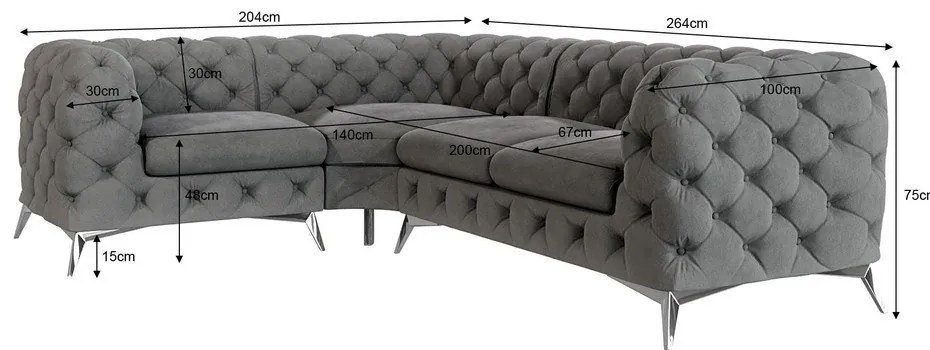Сив кадифен ъглов диван (ляв ъгъл/L форма) Chelsea – Ropez