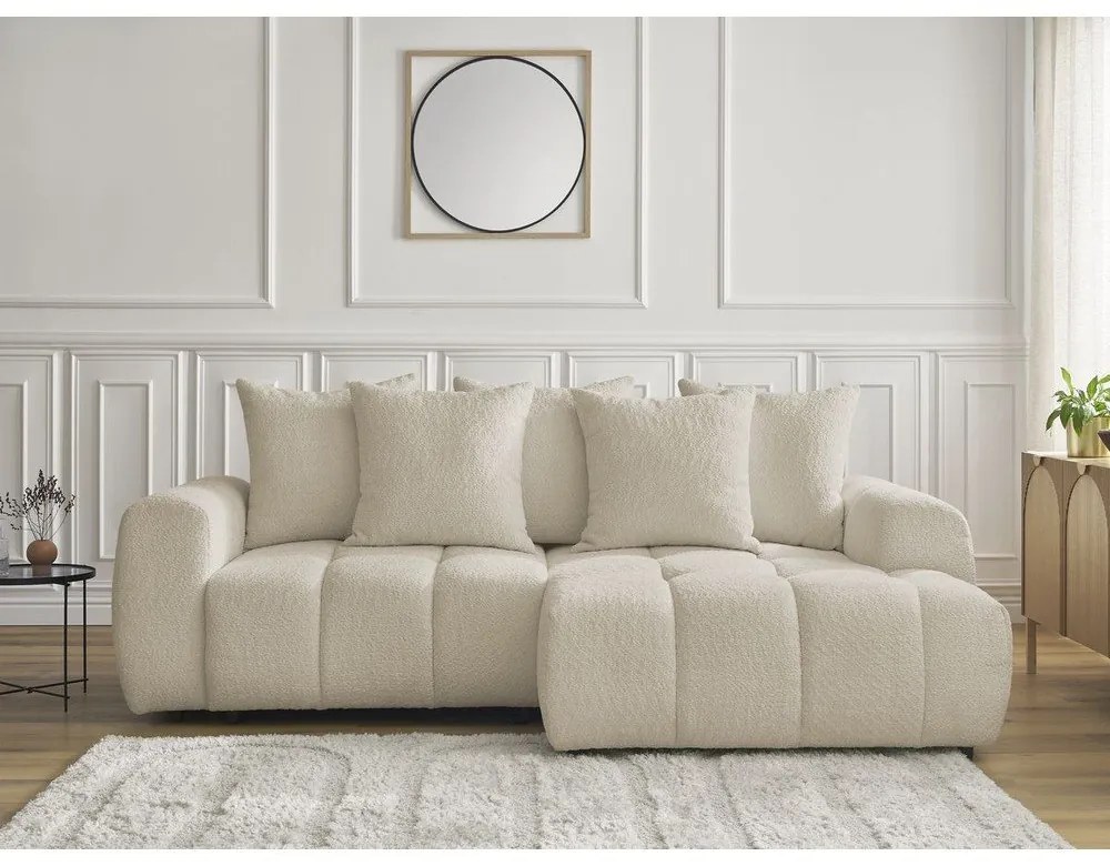 Бежов разтегателен ъглов диван с място за съхранение от букле (десен ъгъл) Roxelane – Bobochic Paris