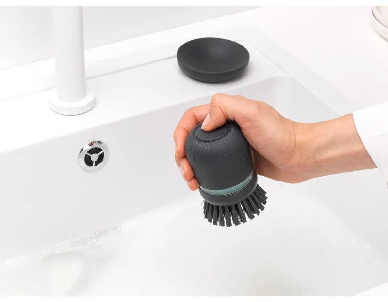 Дозатор за течен сапун с четка за миене на съдове Brabantia Sinkside 1003317, 100 мл, Полиестерни четчици, Поставка, Тъмносив