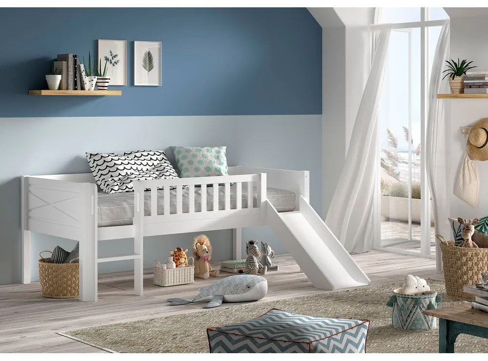 Бяло повдигнато детско легло от масивен бор с включена подматрачна рамка 90x200 cm Scott – Vipack