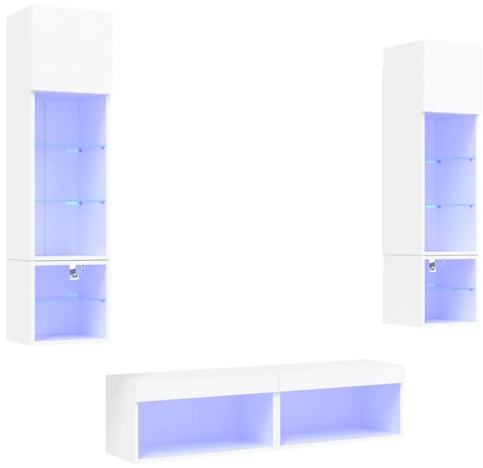 3216622 vidaXL ТВ стенни модули с LED, 6 части, бели, инженерно дърво