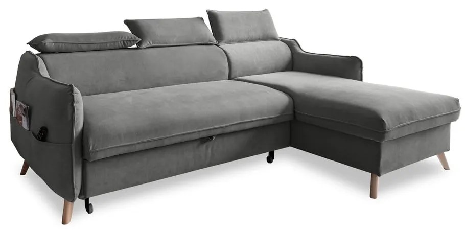 Ъглов разтегателен диван от светлосиво кадифе (десен ъгъл) Sweet Harmony - Miuform