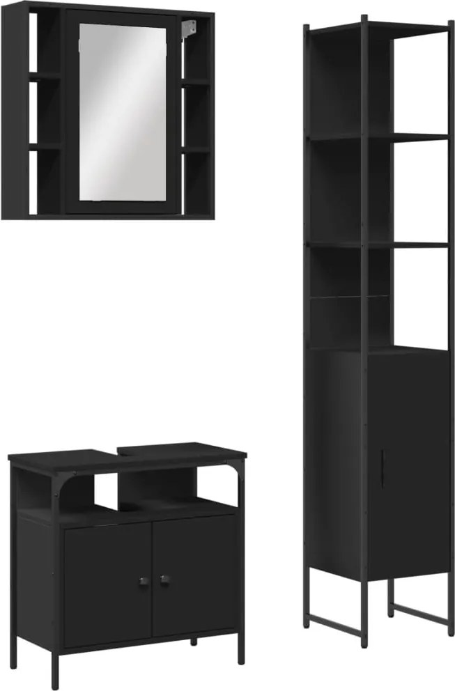 3214735 vidaXL Комплект шкафове за баня от 3 части, черен, инженерно дърво