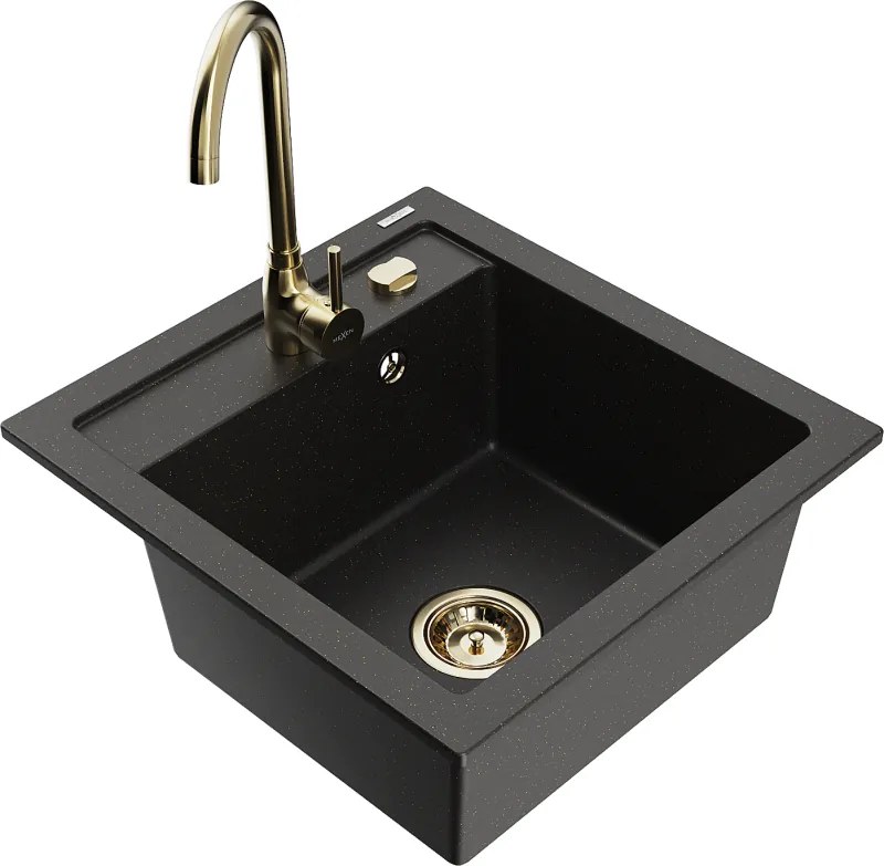 Mexen Vito гранитна мивка с 1 отделение с кухненски смесител Telma, черно/златист металик - 6503-75-670200-50