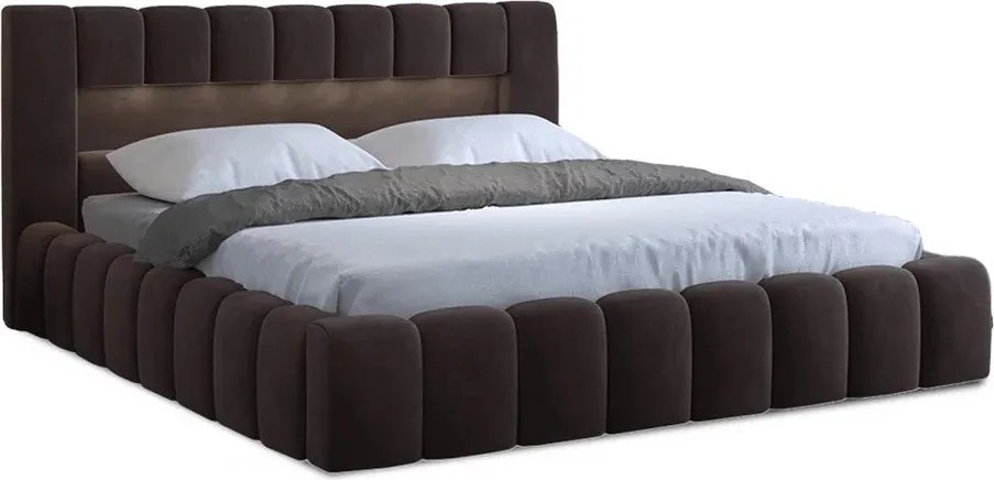 Тъмнокафяво тапицирано двойно легло с място за съхранение и включена подматрачна рамка 160x200 cm Lamica – ELTAP