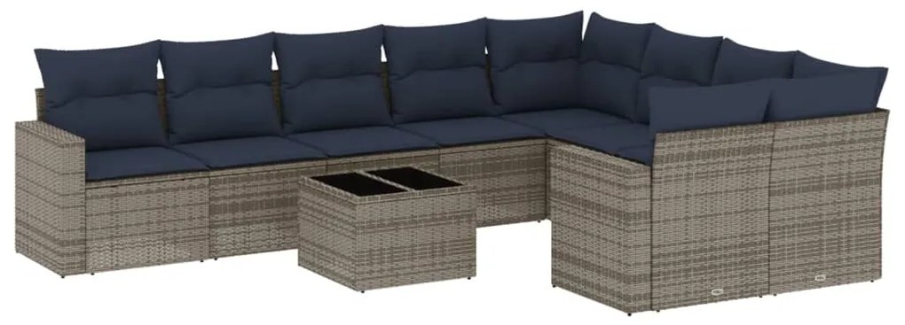 3219441 vidaXL Градински диван с възглавници, 10 части, полиратан, сив
