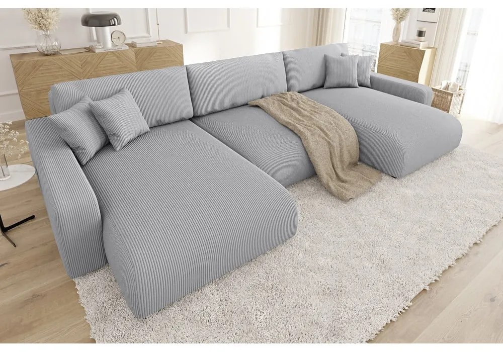 Светлосив ъглов диван с място за съхранение от рипсено кадифе Sara – Ropez