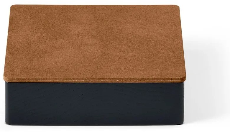 Дървена декоративна кутия за съхранение от еко кожа с капак в черен и естествен цвят 11x11x3,5 cm Square Nupo – LIND DNA