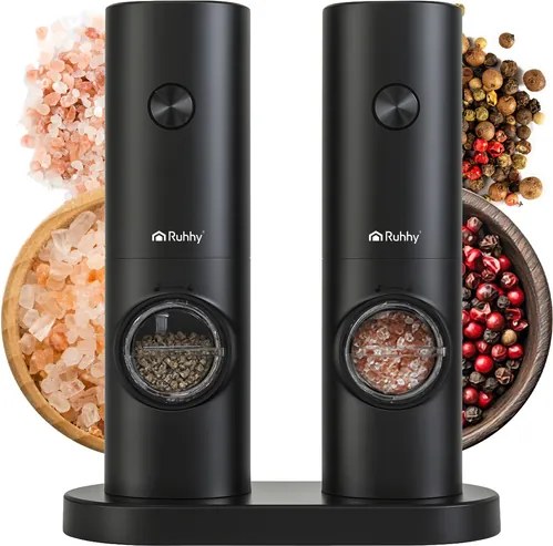 Комплект електрически мелници за сол и пипер RUHHY, LED светлина, черни, регулируема дебелина