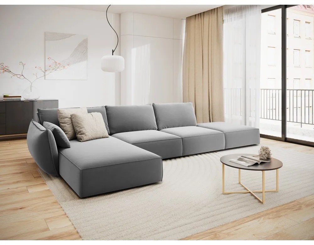 Светлосив кадифен ъглов диван (ляв ъгъл) Vanda – Mazzini Sofas