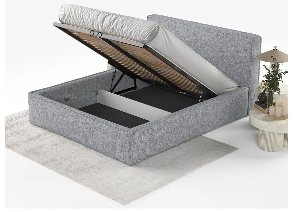 Сиво двойно легло 180x200 cm тапицирано с място за съхранение с включена подматрачна рамка Lounge L – Maison de Rêve