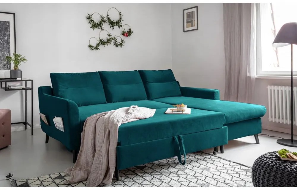 Ъглов разтегателен диван от тюркоазено кадифе, десен ъгъл Stylish Stan - Miuform