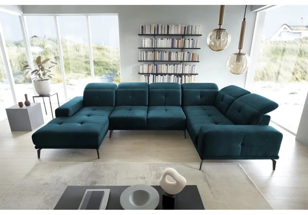 Тъмносин кадифен ъглов диван (десен ъгъл/U форма) Neviro – ELTAP