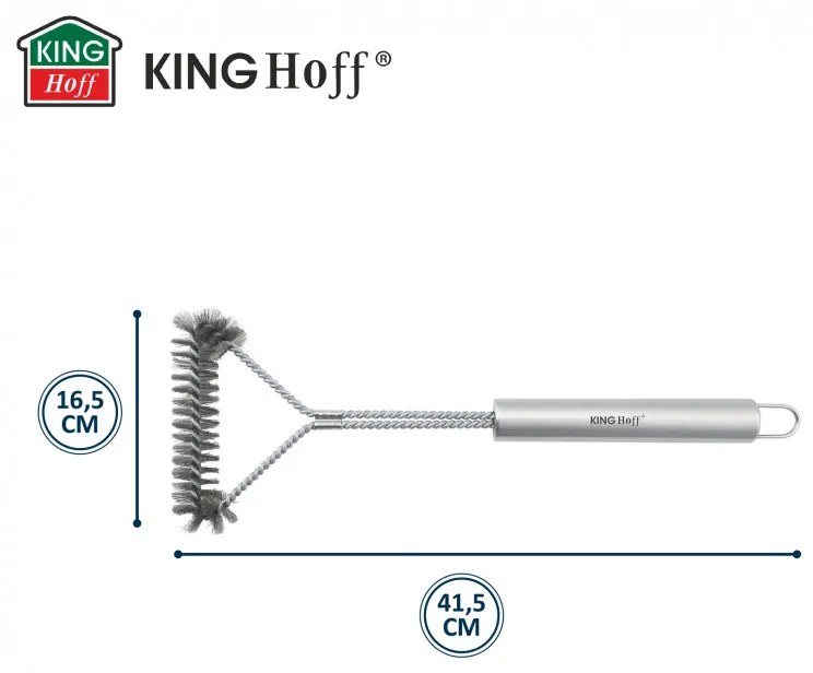 Четка за почистване на барбекю Kinghoff KH 1915, 41.5 см, Ергономична дръжка, Стоманени влакна, Инокс