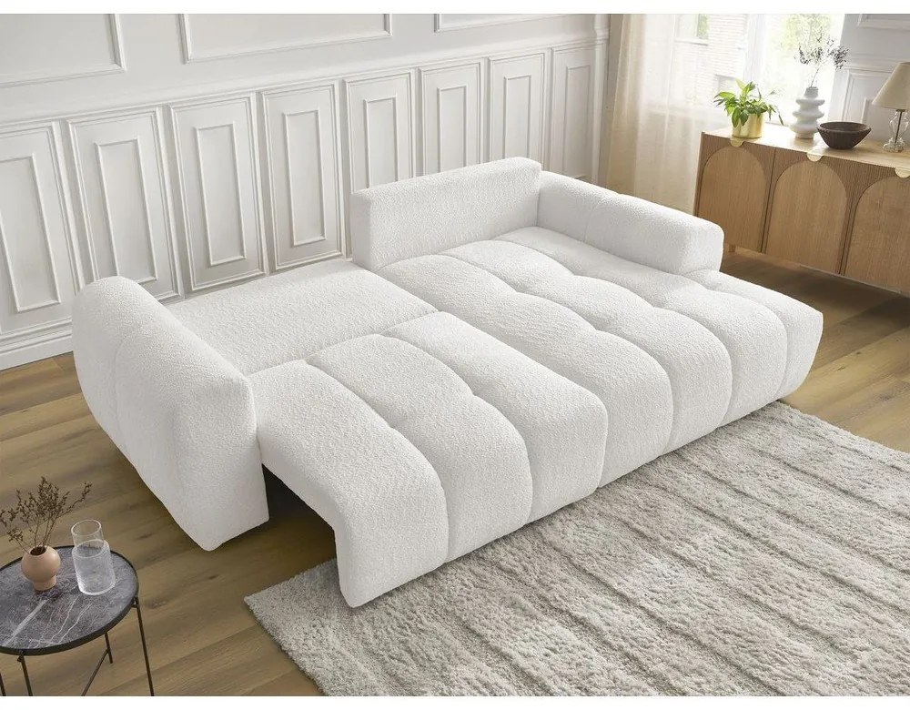 Бял сгъваем/с място за съхранение ъглов диван от прежда с примки от букле (десен ъгъл) Roxelane – Bobochic Paris