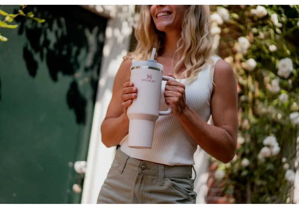 Светлорозов термос със сламка от неръждаема стомана 1,18 l Quencher H2.0 FlowState Tumbler Rose Quartz – Stanley