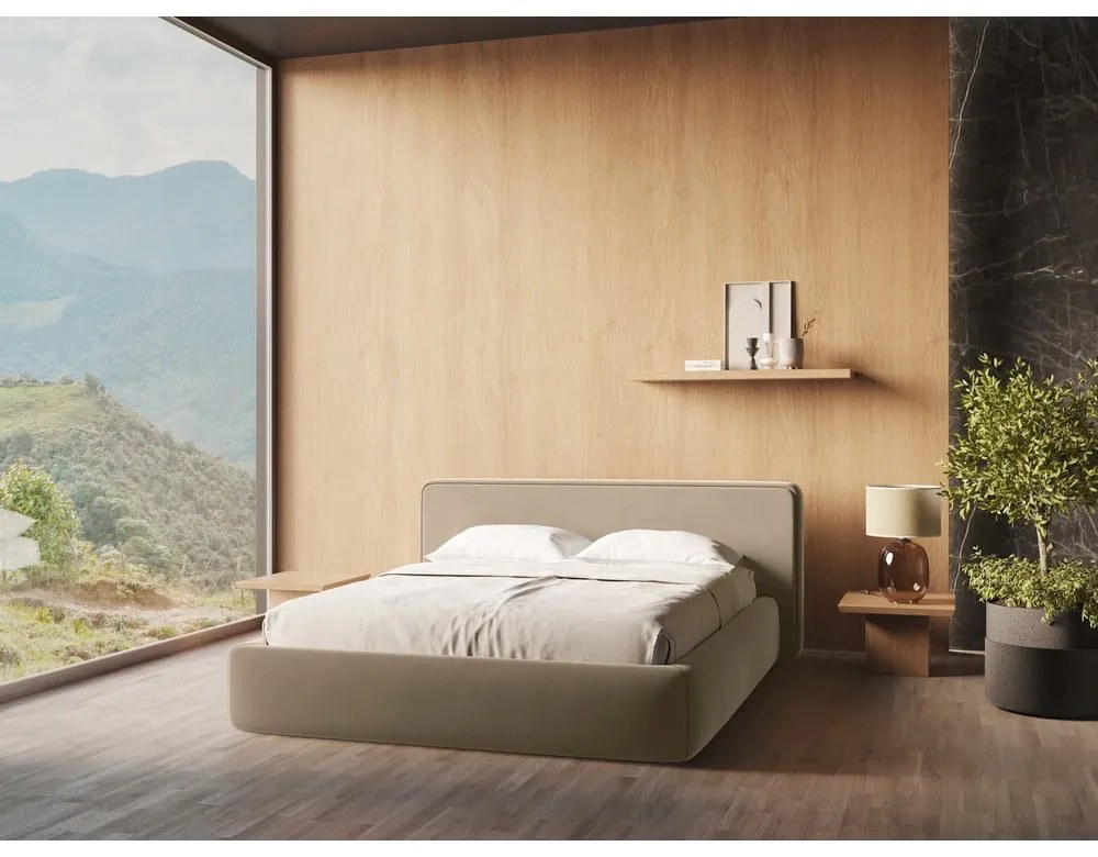 Светлокафяво двойно тапицирано легло с място за съхранение и включена подматрачна рамка 180x200 cm Kiana – Makamii