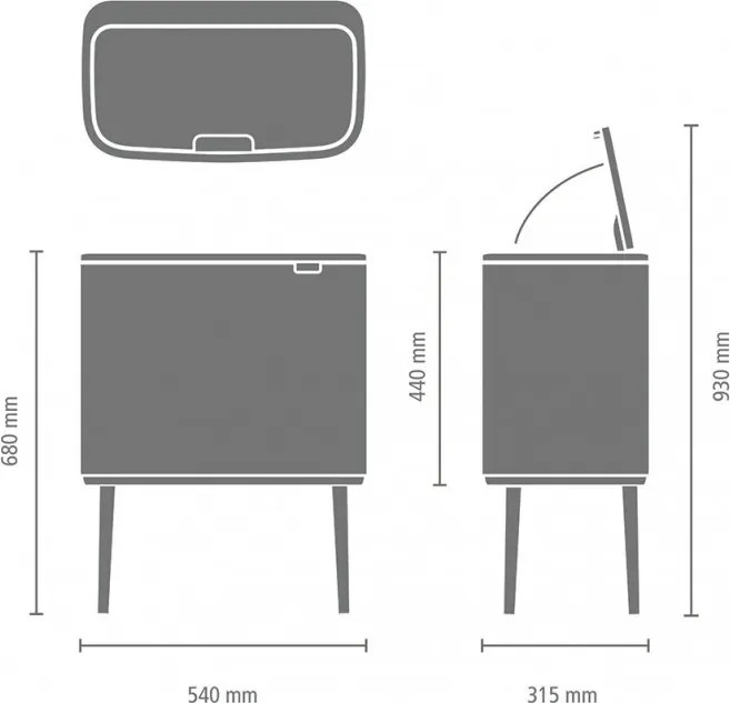Кош за боклук Brabantia Bo Touch 651113, 11+23 л, Плавно и безшумно отваряне, Голям отвор, Сив