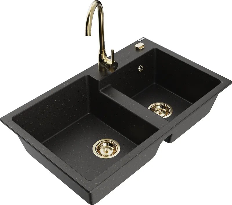 Mexen Tomas гранитна мивка с 2 камери с кухненски смесител Telma, черен/златен металик - 6516-75-670200-50