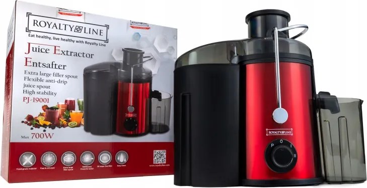 Разопакован: Сокоизстисквачка Royalty Line PJ-19001, 700W, 2 скорости+Pulse, 0.450 ml, Система против капене, Червен
