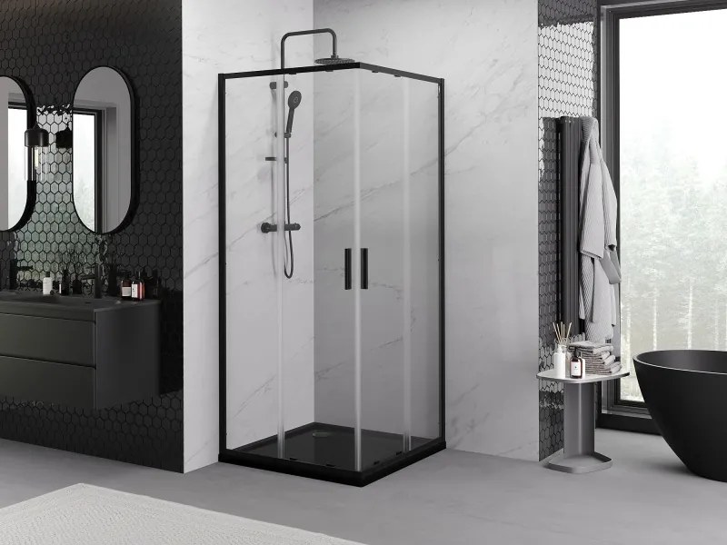 Mexen Exo-S Duo квадратна плъзгаща се душ кабина 90 x 90 см, прозрачна, черна