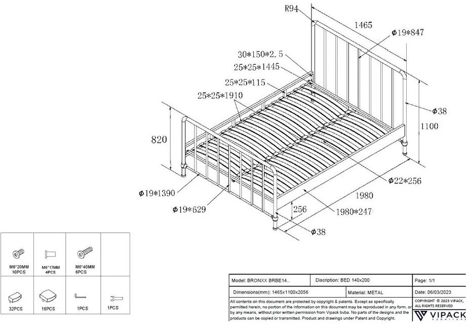 Зелено метално единично легло с решетка 140x200 cm BRONXX - Vipack