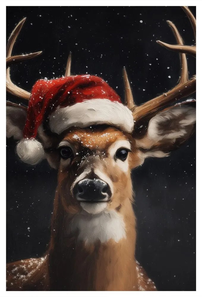 Картина на платно – Сладък елен с коледна шапка