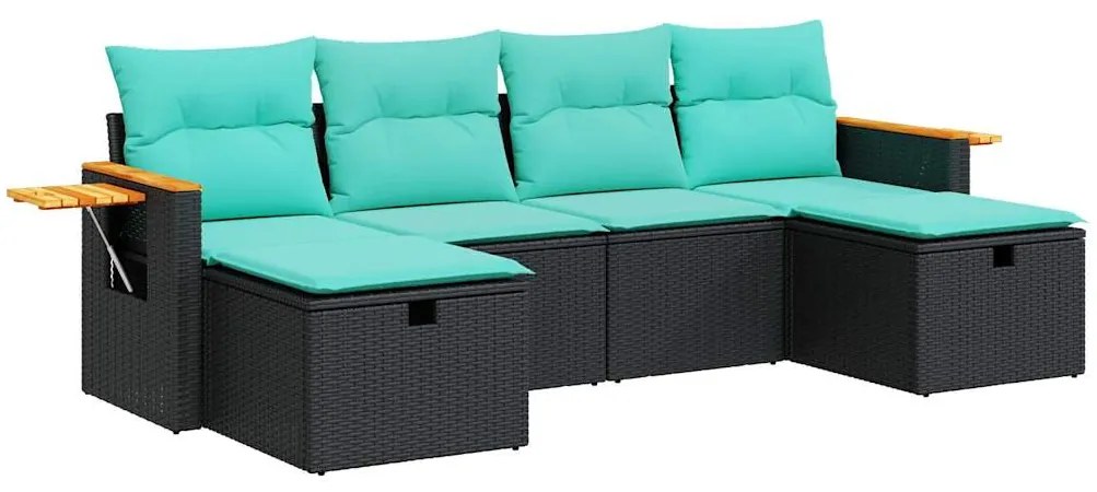 3325998 vidaXL Градински диван с възглавници, 6 части, черен, полиратан