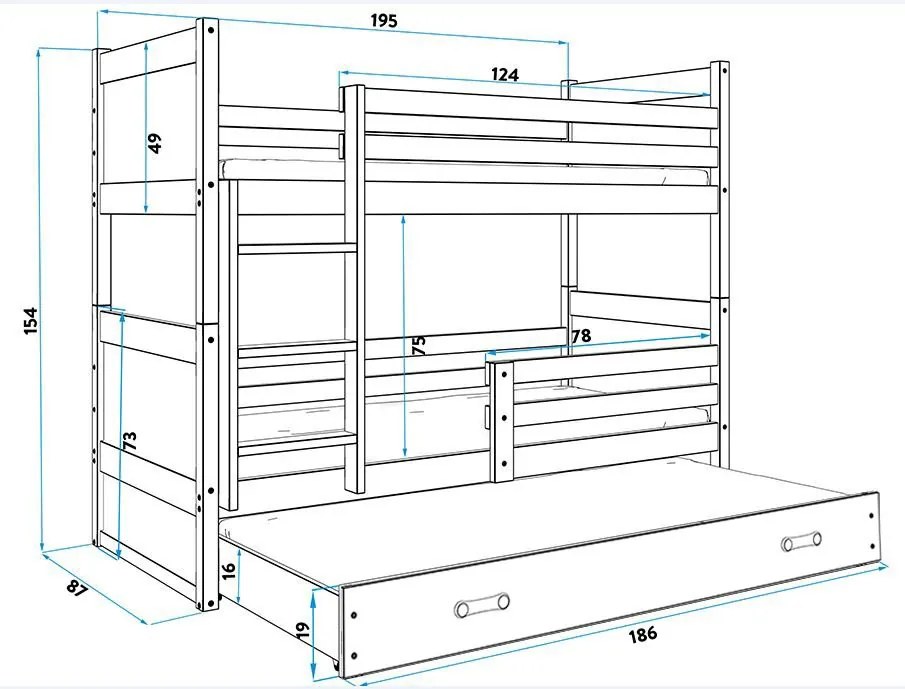 Двуетажно легло Riccon II-Γραφίτης - White-200 x 90